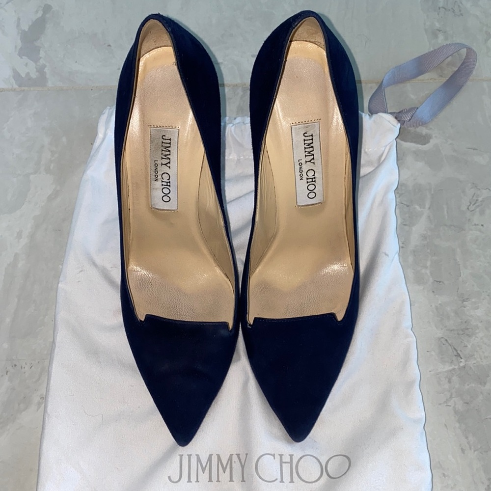 Jimmy Choo Suede Navy Blue Pointed Pumps